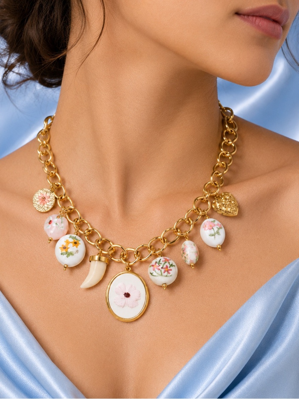 Feminine Gold Chunky Chain Porcelain Flower Charms Necklace